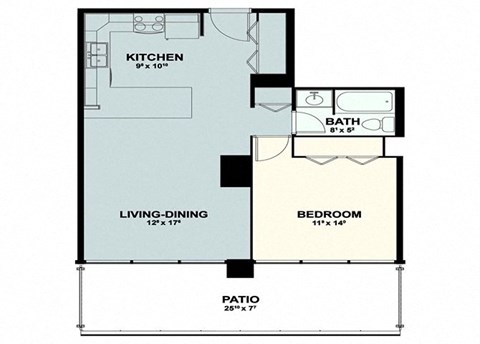 Floor plan for 1 bed, 1 bath, 649 sqft